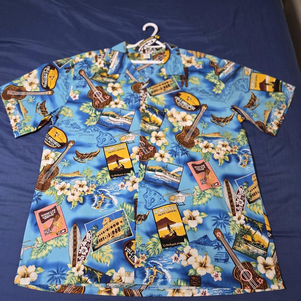Palmwave Hawaii Shirt Mens NEW 2XL‎ Blue 100% Cotton Hawaiian Aloha Button Up